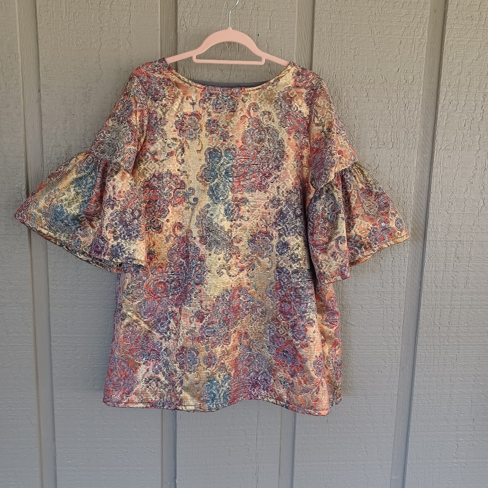 Bryn Walker Tapestry Jacquard Metallic Tunic Size S Women Bell Sleeve Pull Over